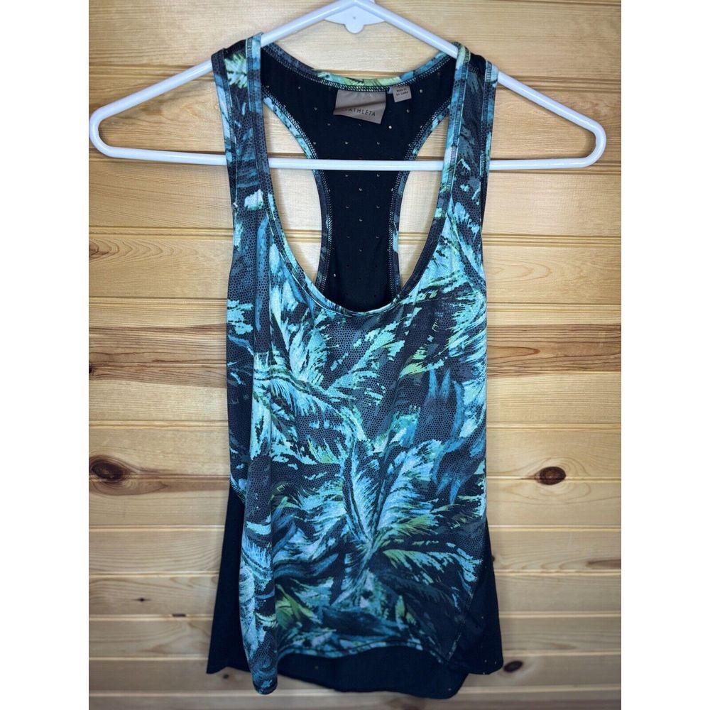 Athleta Shirt Womens XS‎ Green Black Leaf/Fern Tank Top Racer Back Gym Running